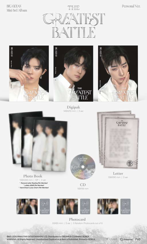 Album packaging for 'The Greatest Battle' with photos of a person, CD, photo book, and other items.