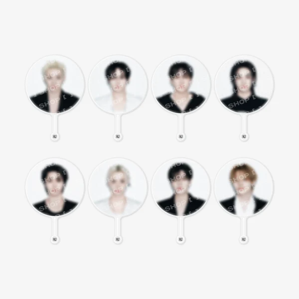 Eight round acrylic fan paddles featuring different portrait photos of a male idol, arranged in a 2x4 grid on a light gray background.