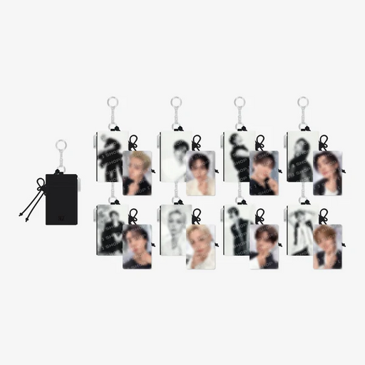 A set of small rectangular photo keychains with metal key rings, shown on a plain light gray background. One black pouch with a drawstring is shown separately on the left, and the keychains feature monochrome and color portrait prints.