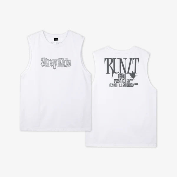 A white sleeveless tank top shown from both the front and back against a light gray background. The front features the text 'Stray Kids' in a metallic silver font, and the back features a large black graphic with the text 'RUN IT IN SEUL' and a small maple leaf.