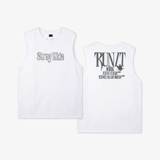 A white sleeveless tank top shown from both the front and back against a light gray background. The front features the text 'Stray Kids' in a metallic silver font, and the back features a large black graphic with the text 'RUN IT IN SEUL' and a small maple leaf.